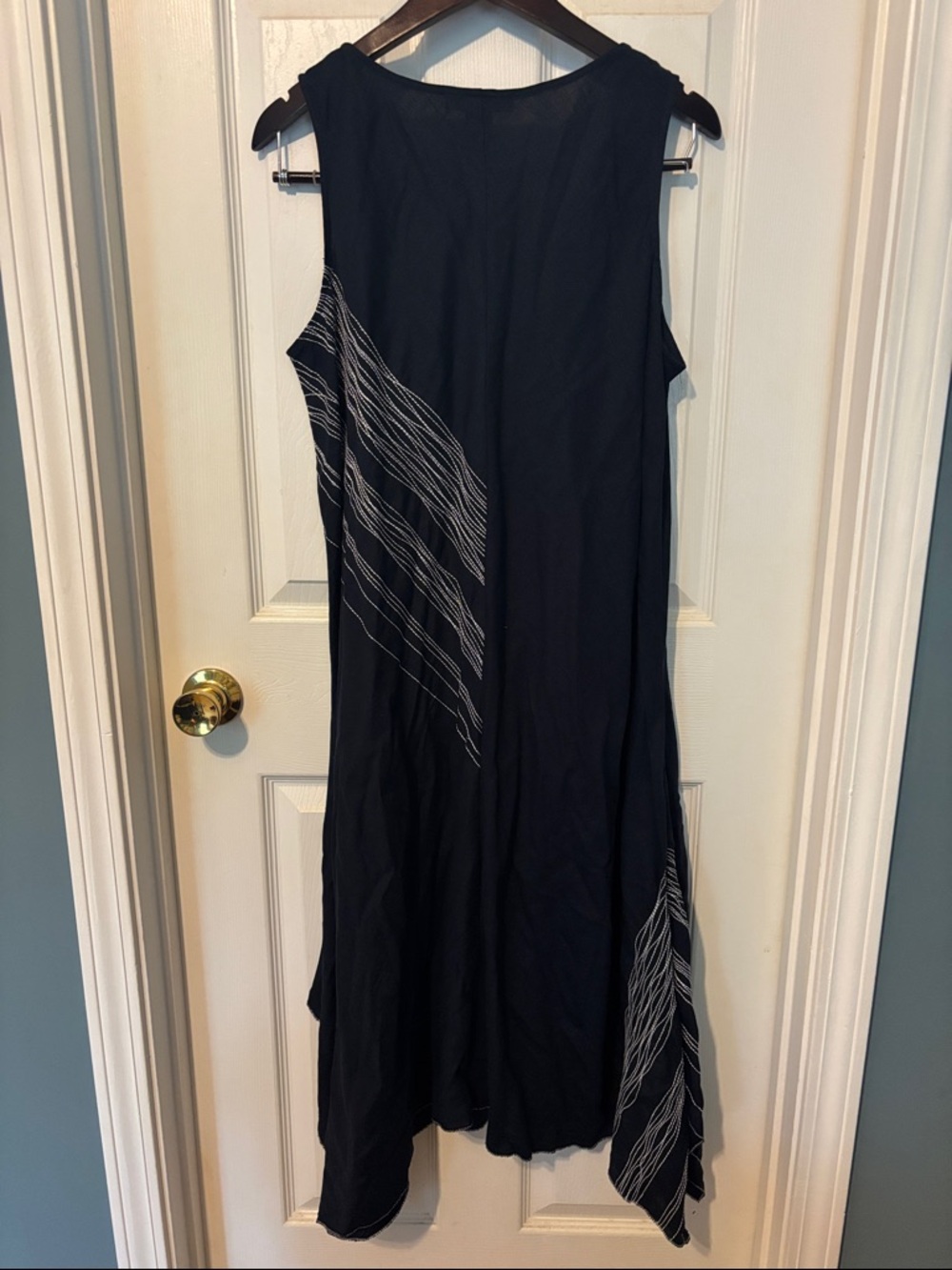 Sleeveless Linen Navy A-Line Dress with Diagonal White Stitch Detail. Size XL - Picture 7 of 7